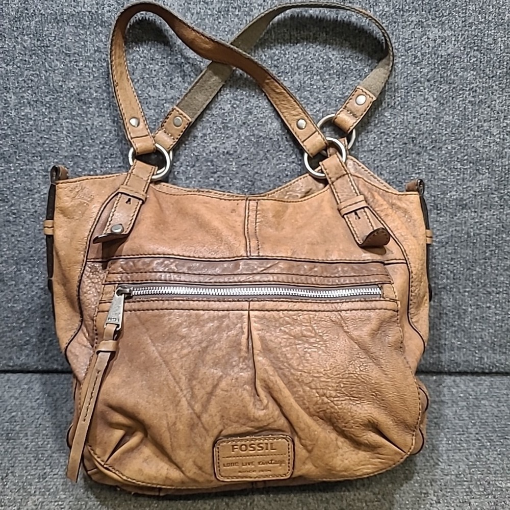 Fossil Long Live Vintage Distressed Brown Leather Boho Pockets‎ Shoulder Purse